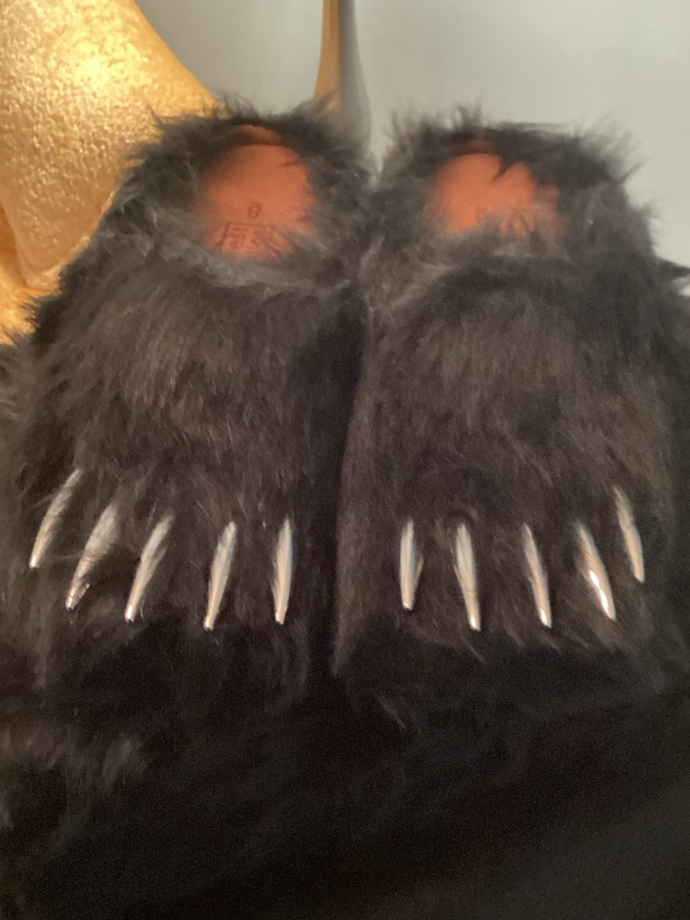 Bravest Studios Black Furry Slippers with Silver Claw Accents